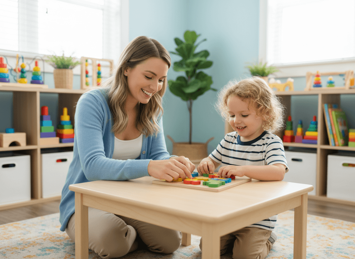 Therapist working with a child on a skills puzzle