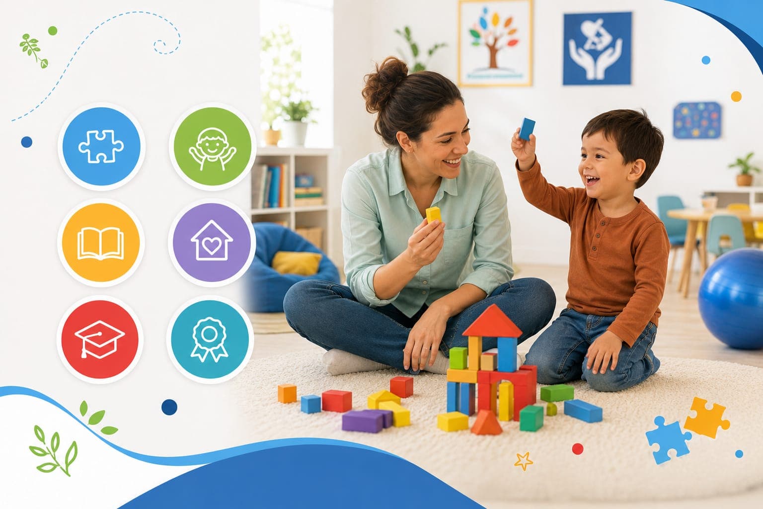 Therapist playing with a child using building blocks